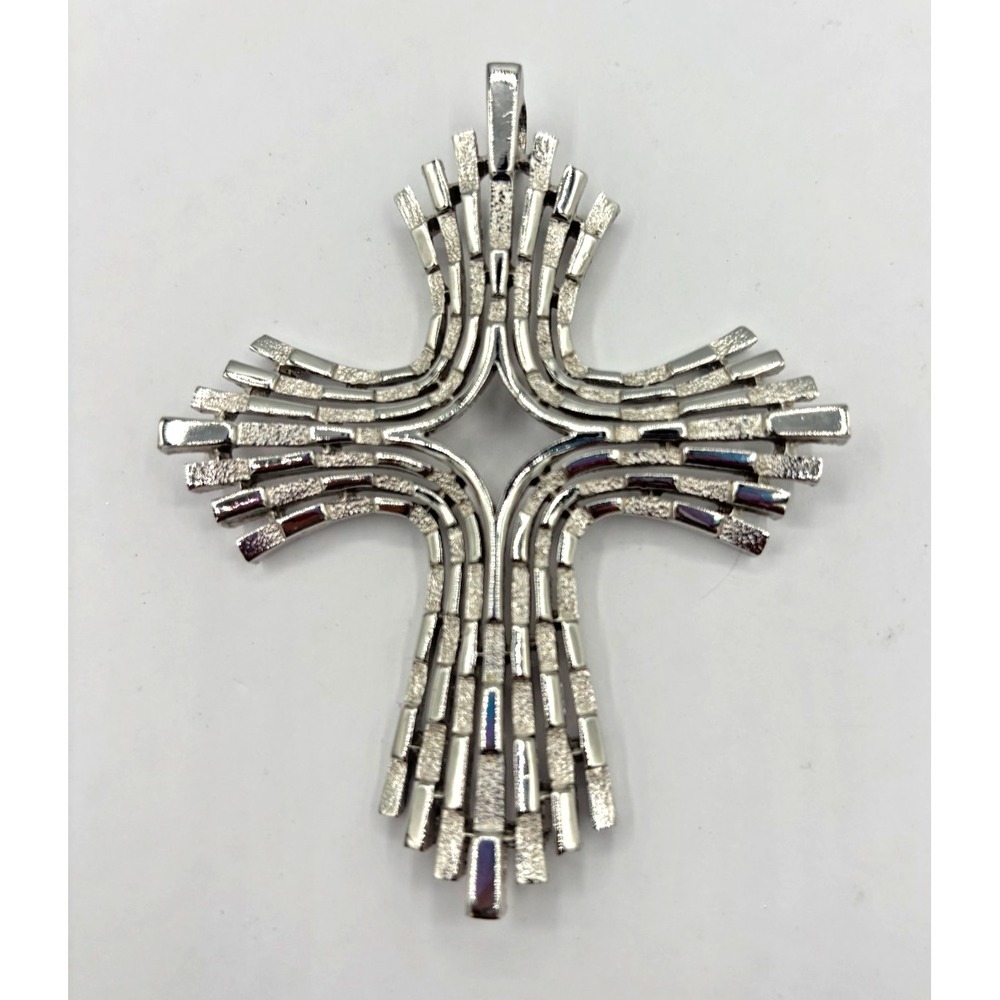 Vintage Crown Trifari Brutalist Cross Pendant Silver Tone Modernist 1960s 3" EUC